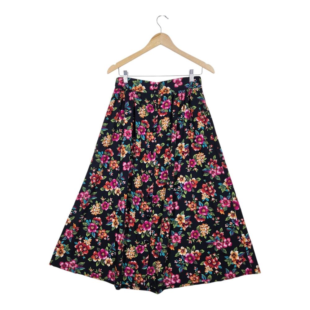 Vintage Cristin Stevens Floral Midi Skirt Large Black Cottagecore Grandma Chic